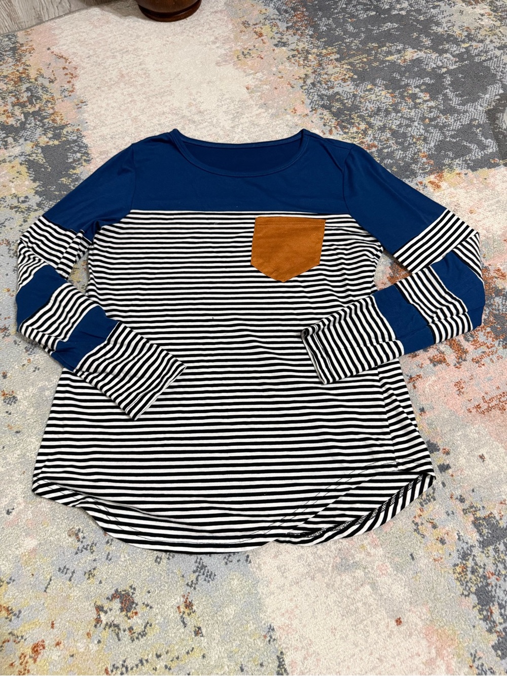Girls' Navy & White Stripe Long Sleeve Top with Tan Pocket